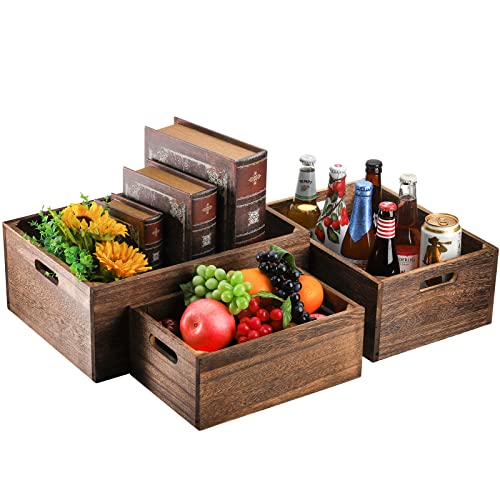 Frcctre Set of 3 Wood Nesting Storage Crates with Handles, Decorative Farmhouse Wooden Crates Storage Containers Rustic Handmade Natural Solid Wood Basket - Image 4