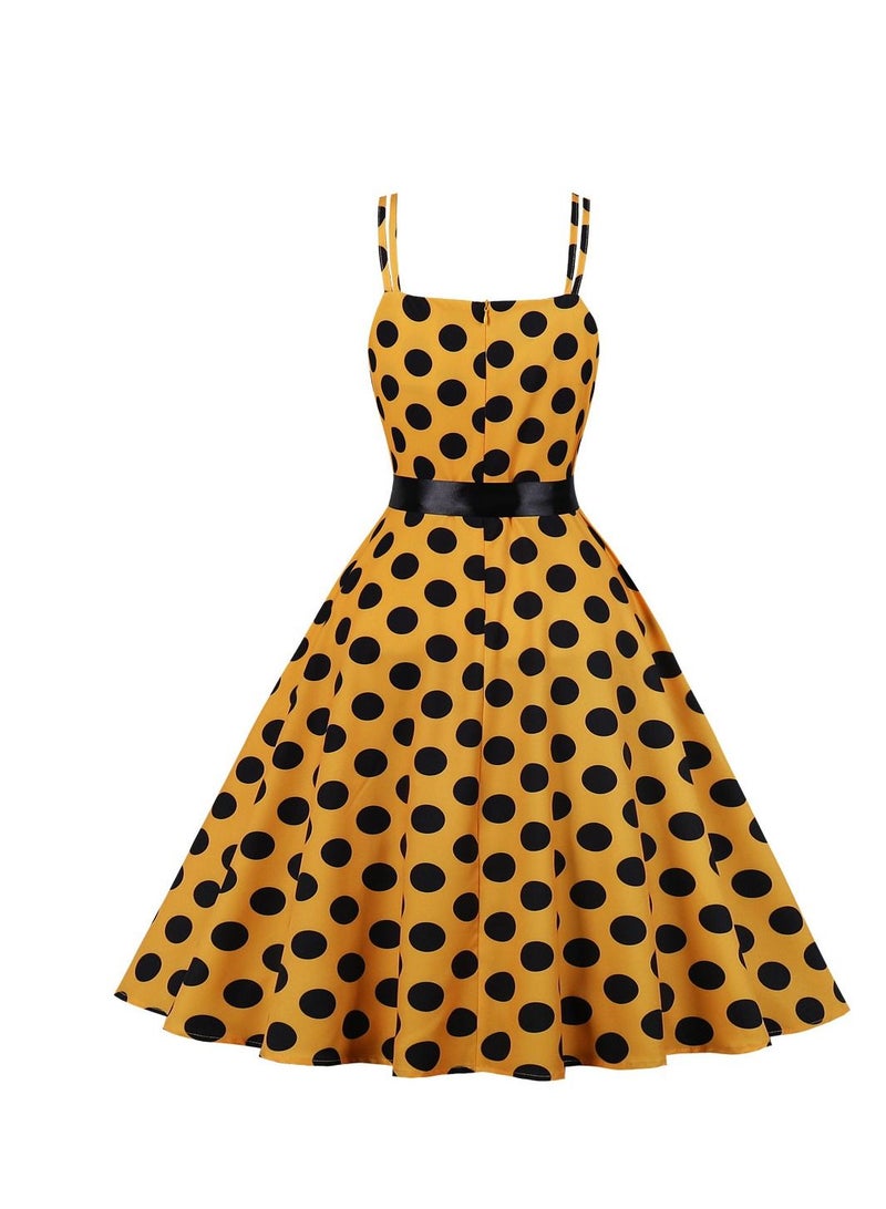 Loquat Vintage Large Hem Lace Up Polka Dot Printed Strap Yellow  - Image 2