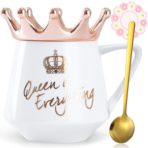 Arawat Queen of Everything Mug with Lid Sweet White Mug with Crown Coffee Mugs Gift with Spoon & Coaster 12 oz Ceramic Cup Birthday Gift for Women Girls Mom Girlfriend Mothers Day Gifts for Women - Image 1