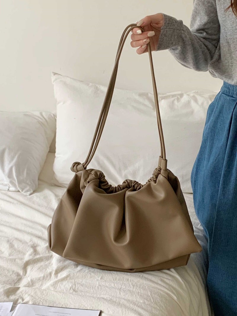 Start-Up 2023 New Niche Soft Leather Drawstring Pleated Bag Versatile Solid Color Shoulder Bag Large Capacity Underarm Bag - Image 2
