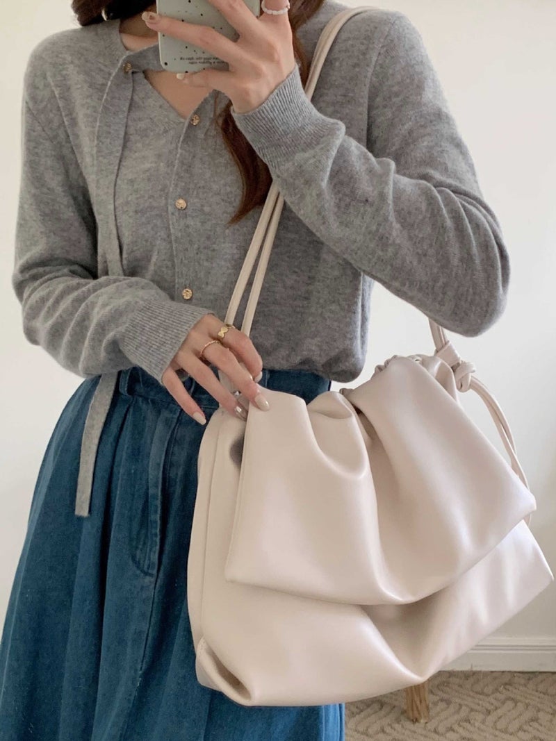 Start-Up 2023 New Niche Soft Leather Drawstring Pleated Bag Versatile Solid Color Shoulder Bag Large Capacity Underarm Bag - Image 3