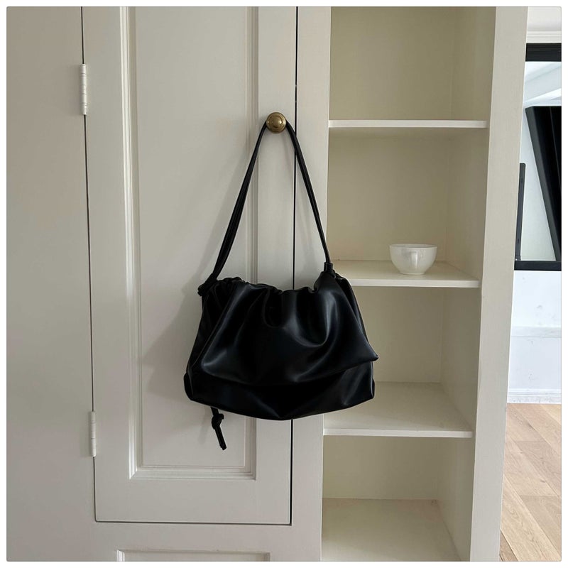 Start-Up 2023 New Niche Soft Leather Drawstring Pleated Bag Versatile Solid Color Shoulder Bag Large Capacity Underarm Bag - Image 1