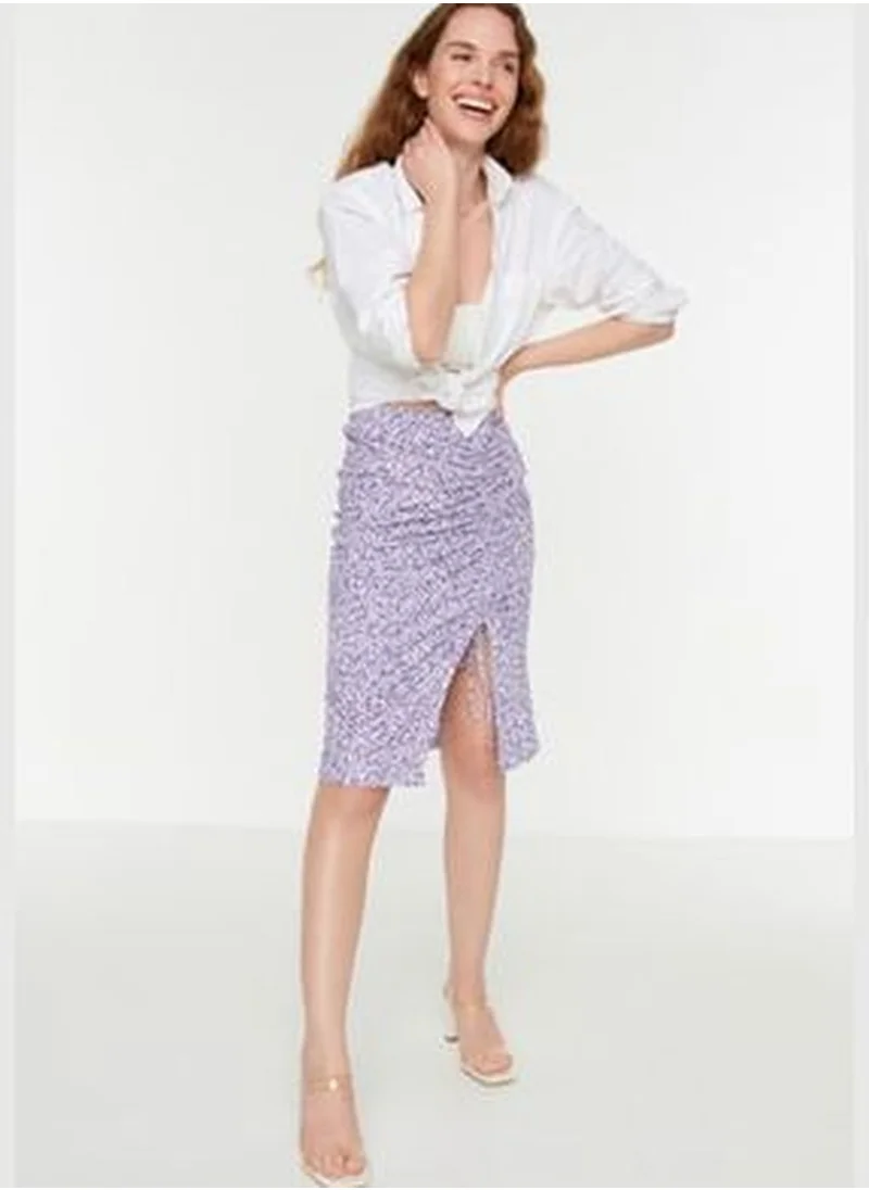 trendyol Lilac Printed Mini Knitted Mini Skirt With Pleats and a Slit High Waist Fitted/Sleeping Shape TWOAW22ET0401