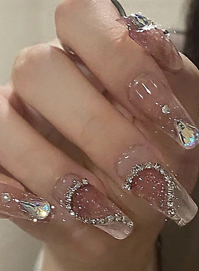 NIBEMINENT 24Pcs Fake Nails, Press Nails In Box,Long-length Flat head shaped Solid Pink Color Shiny Nail Art,Shining,Love Heart Zircon,Fake Nail Patch - Image 1