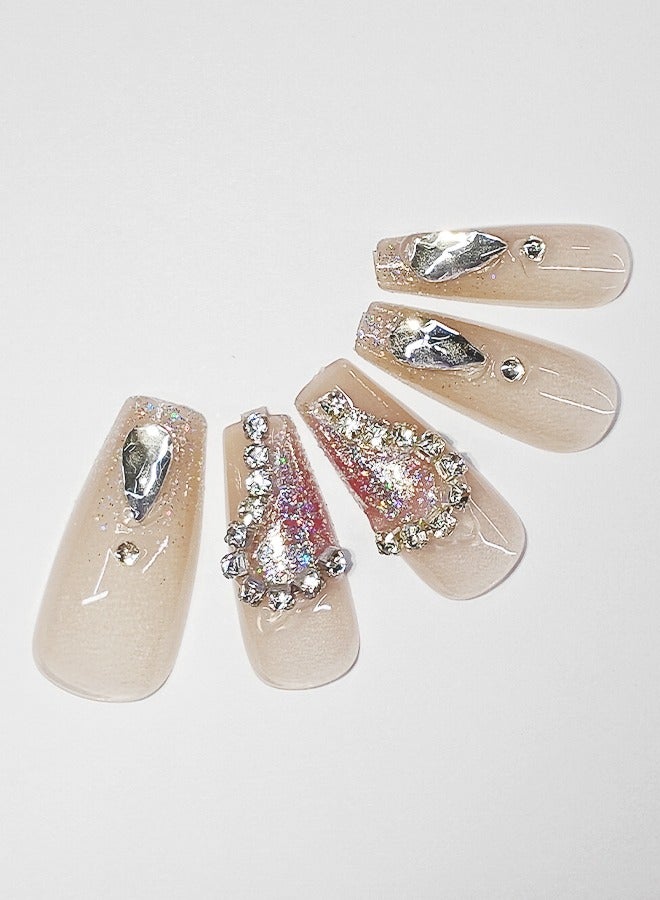 NIBEMINENT 24Pcs Fake Nails, Press Nails In Box,Long-length Flat head shaped Solid Pink Color Shiny Nail Art,Shining,Love Heart Zircon,Fake Nail Patch - Image 2