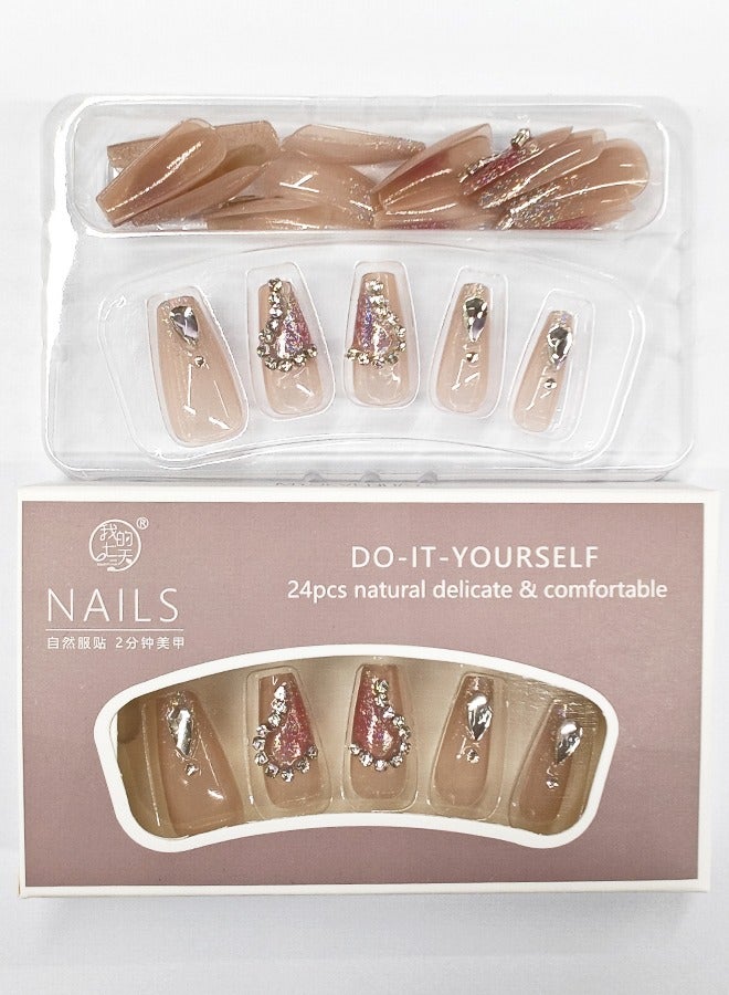 NIBEMINENT 24Pcs Fake Nails, Press Nails In Box,Long-length Flat head shaped Solid Pink Color Shiny Nail Art,Shining,Love Heart Zircon,Fake Nail Patch - Image 3