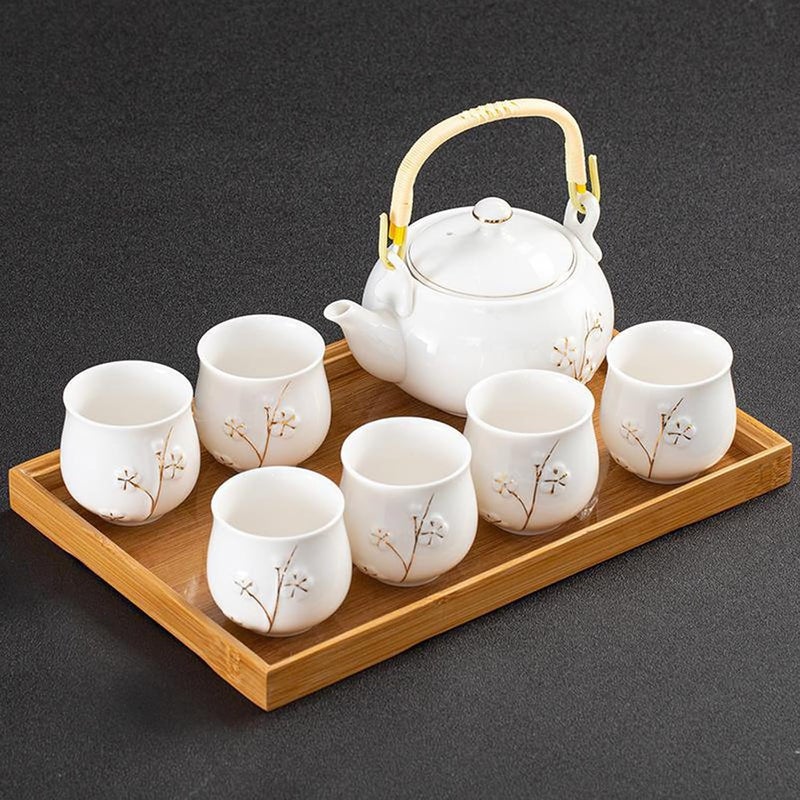 KEYDUACU Japanese Tea Set, White Ceramic Tea Set, Plum Blossom Embossed, Includes 1 Teapot (660ml), 6 Teacups,Tea Tray,Strainer, Can be used at home, outdoor, gift, Chinese Kung Fu Tea Set - Image 2