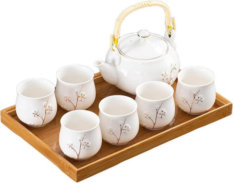 KEYDUACU Japanese Tea Set, White Ceramic Tea Set, Plum Blossom Embossed, Includes 1 Teapot (660ml), 6 Teacups,Tea Tray,Strainer, Can be used at home, outdoor, gift, Chinese Kung Fu Tea Set - Image 1