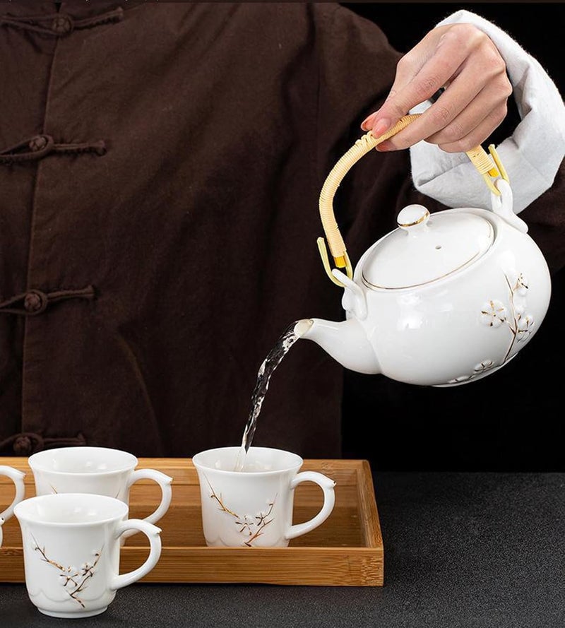 KEYDUACU Japanese Tea Set, White Ceramic Tea Set, Plum Blossom Embossed, Includes 1 Teapot (660ml), 6 Teacups,Tea Tray,Strainer, Can be used at home, outdoor, gift, Chinese Kung Fu Tea Set - Image 5