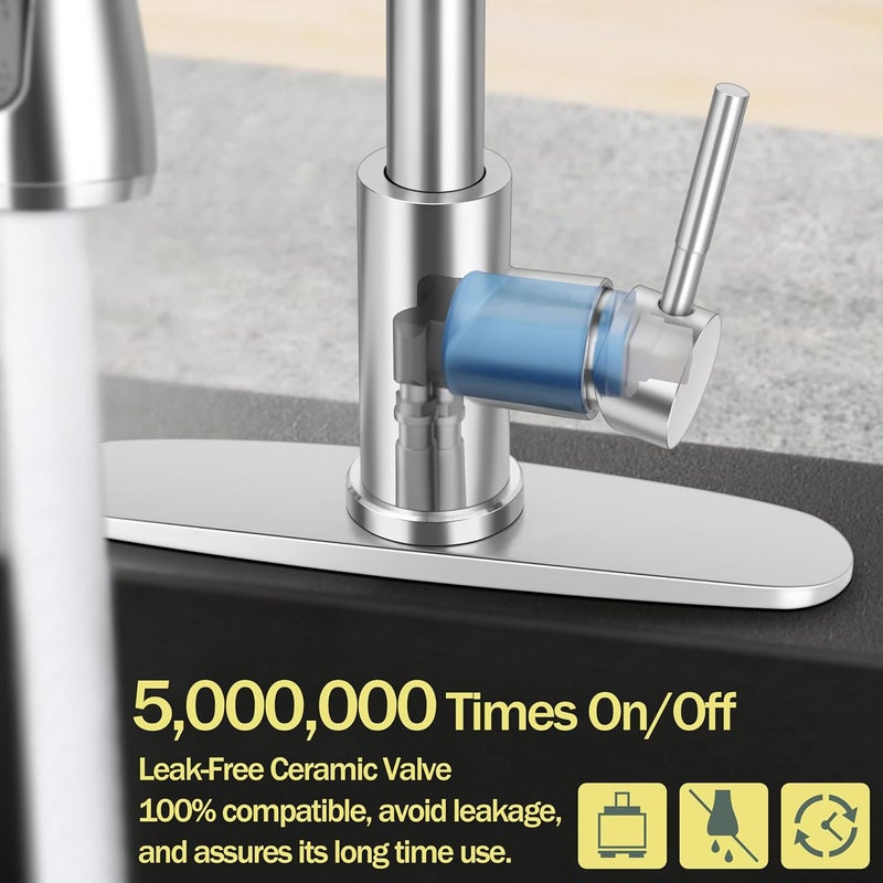 Herogo Brushed Nickel Kitchen Sink Faucet Set with Pull Down Sprayer and Soap Dispenser, Stainless Steel Rv Outdoor Kitchen Faucet for 1-3 Hole with Pop Up Drain, Deck Plate and Supply - Image 5