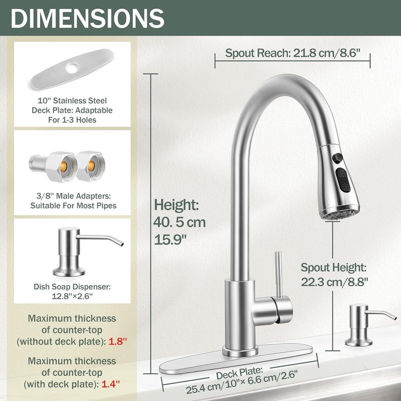 Herogo Brushed Nickel Kitchen Sink Faucet Set with Pull Down Sprayer and Soap Dispenser, Stainless Steel Rv Outdoor Kitchen Faucet for 1-3 Hole with Pop Up Drain, Deck Plate and Supply - Image 2