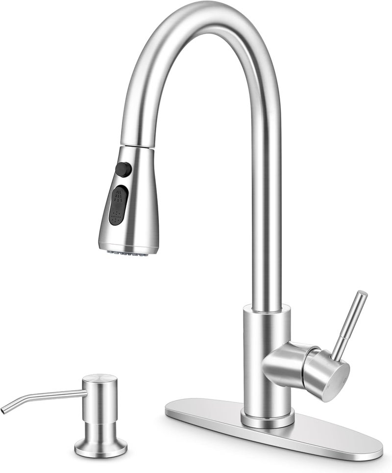 Herogo Brushed Nickel Kitchen Sink Faucet Set with Pull Down Sprayer and Soap Dispenser, Stainless Steel Rv Outdoor Kitchen Faucet for 1-3 Hole with Pop Up Drain, Deck Plate and Supply - Image 1