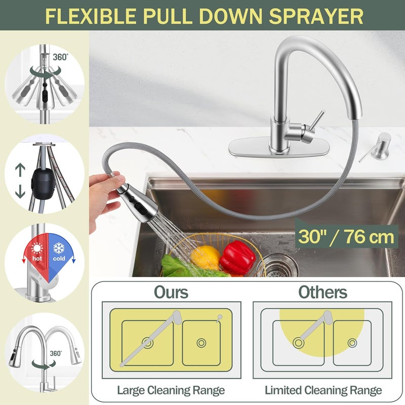 Herogo Brushed Nickel Kitchen Sink Faucet Set with Pull Down Sprayer and Soap Dispenser, Stainless Steel Rv Outdoor Kitchen Faucet for 1-3 Hole with Pop Up Drain, Deck Plate and Supply - Image 4