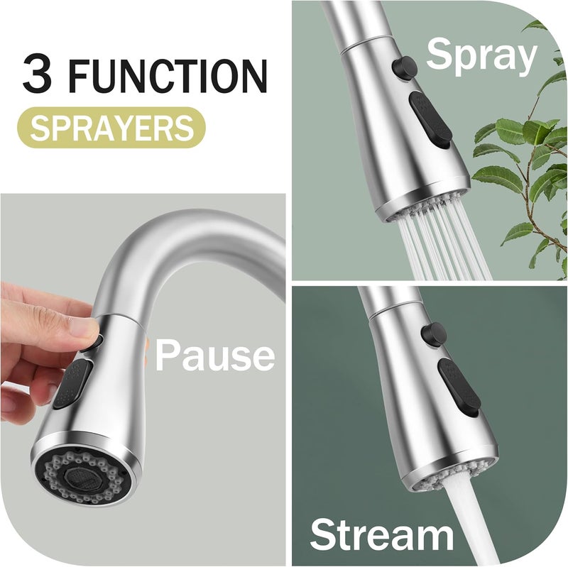 Herogo Brushed Nickel Kitchen Sink Faucet Set with Pull Down Sprayer and Soap Dispenser, Stainless Steel Rv Outdoor Kitchen Faucet for 1-3 Hole with Pop Up Drain, Deck Plate and Supply - Image 3