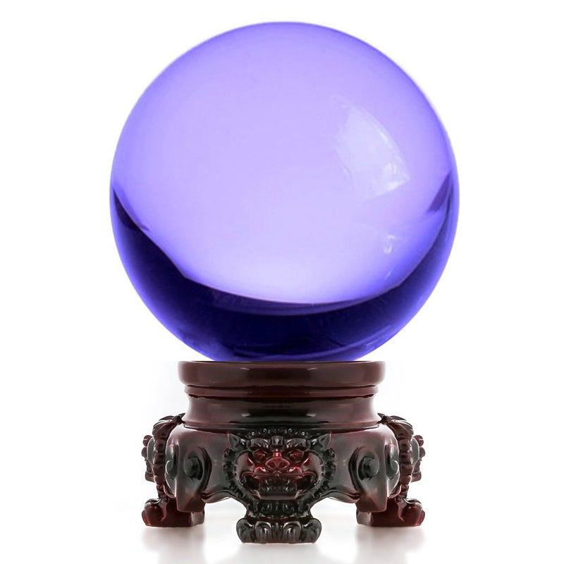 Amlong Crystal 3 inch 80mm Purple Crystal Ball with Redwood Lion Resin Stand and Gift Box for Decorative Ball Lensball Photography Gazing Divination or Feng Shui and Fortune Telling Ball