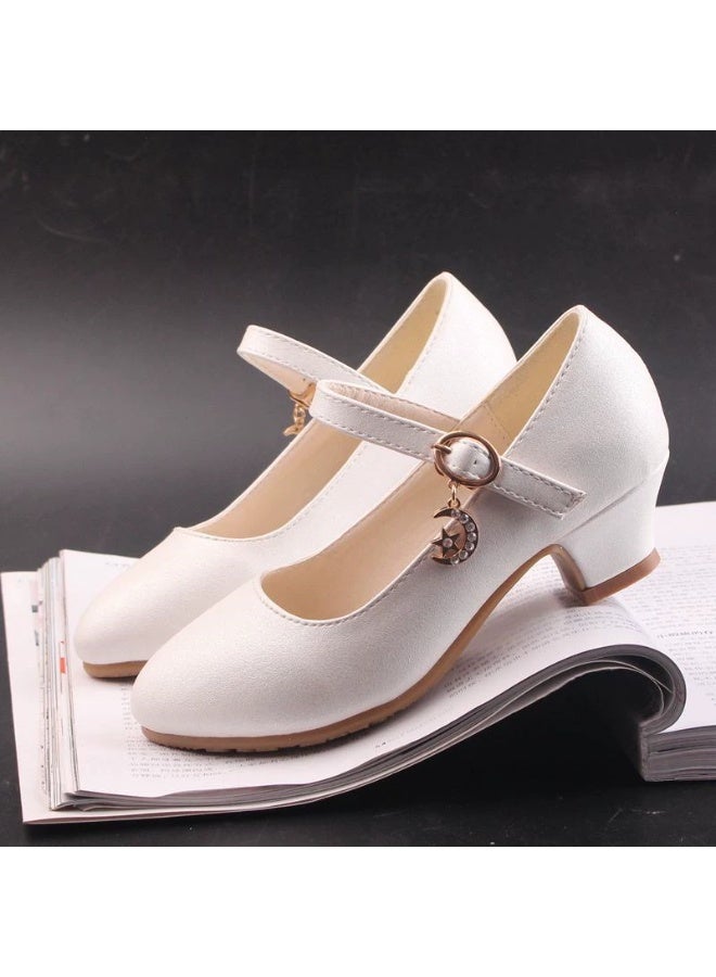 Girls' Ivory Patent Mary Jane Low Heel Dress Shoes, Kids' Formal Party Pumps with Rhinestone Charm for Weddings & Special Occasions