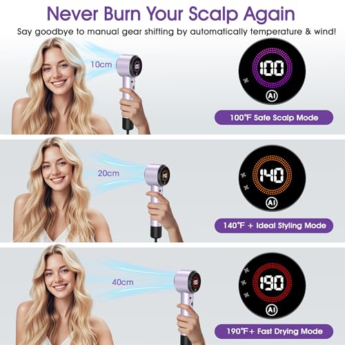 Casavok Ionic Hair Dryer with Auto-Adjusting Sensor,AI Hair Dryer with Magnetic Diffuser,160000 RPM High-Speed Hair Blow Dryer (Purple) - Image 3