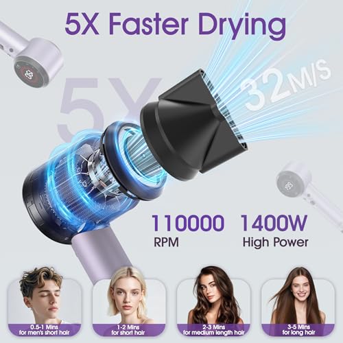 Casavok Ionic Hair Dryer with Auto-Adjusting Sensor,AI Hair Dryer with Magnetic Diffuser,160000 RPM High-Speed Hair Blow Dryer (Purple) - Image 5