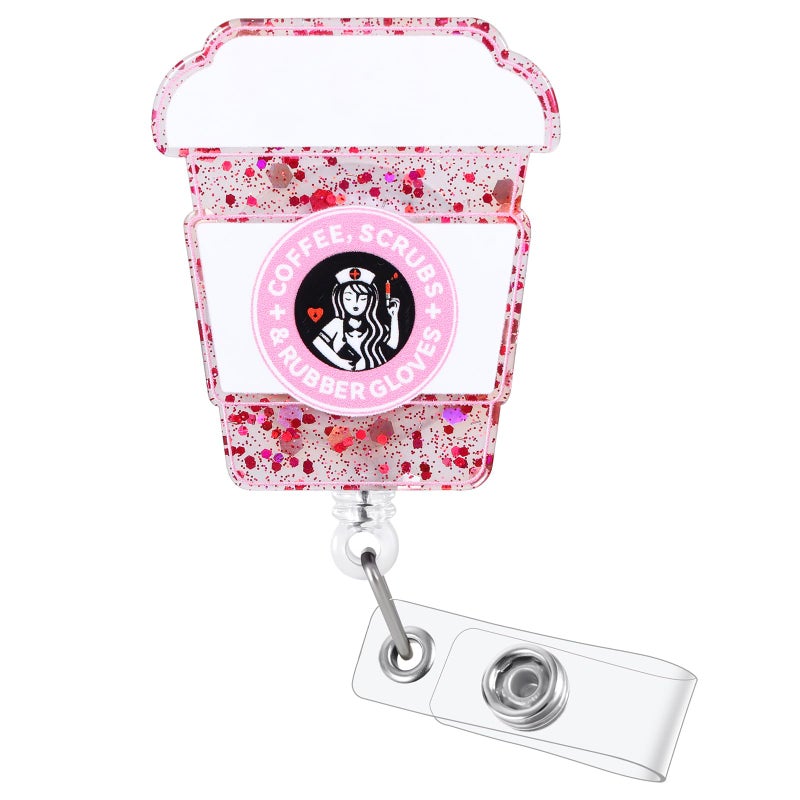 BEZTN Nurse Badge Reel, Retractable RN Nurse Badge Holder, Cute Pink Badge Reel, Funny Nursing Student ID Badge Clip, Coffee Lover Badge Reels, LPN MA Medical Worker Nurse Accessories for Work - Image 1