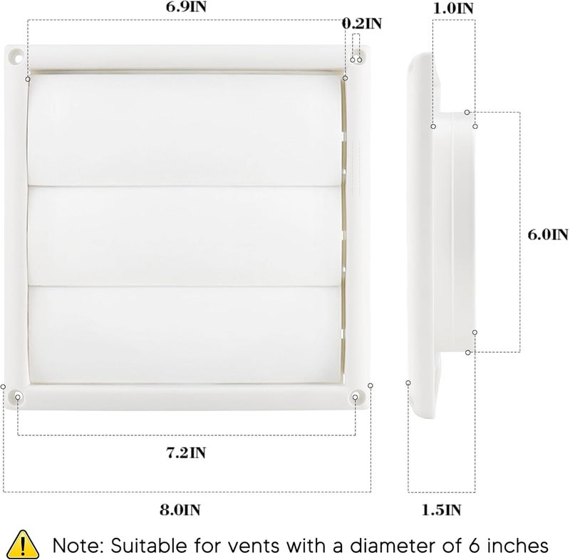 Funmit 6" Louvered Vent Cover 8" x 8" Oversize Outside Dimensions for Exterior Wall Vent Hood Outlet Airflow Vent Dryer Air Vent (White) - Image 2