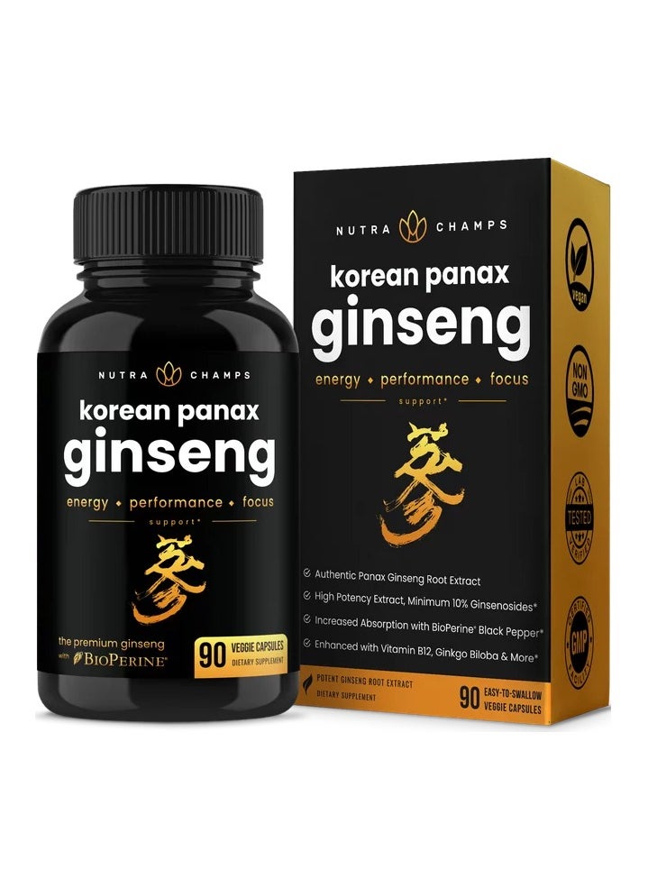NutraChamps Korean Red Ginseng Root 1650mg | Ginseng and Ginkgo Biloba 120mg | Korean Red Panax Ginseng Capsules Double Strength | Vitamin B12, Acetyl L-Carnitine, Phosphatidylserine, Black Pepper | Energy, Focus  - Image 1
