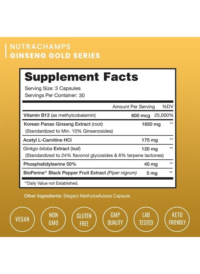 NutraChamps Korean Red Ginseng Root 1650mg | Ginseng and Ginkgo Biloba 120mg | Korean Red Panax Ginseng Capsules Double Strength | Vitamin B12, Acetyl L-Carnitine, Phosphatidylserine, Black Pepper | Energy, Focus  - Image 3