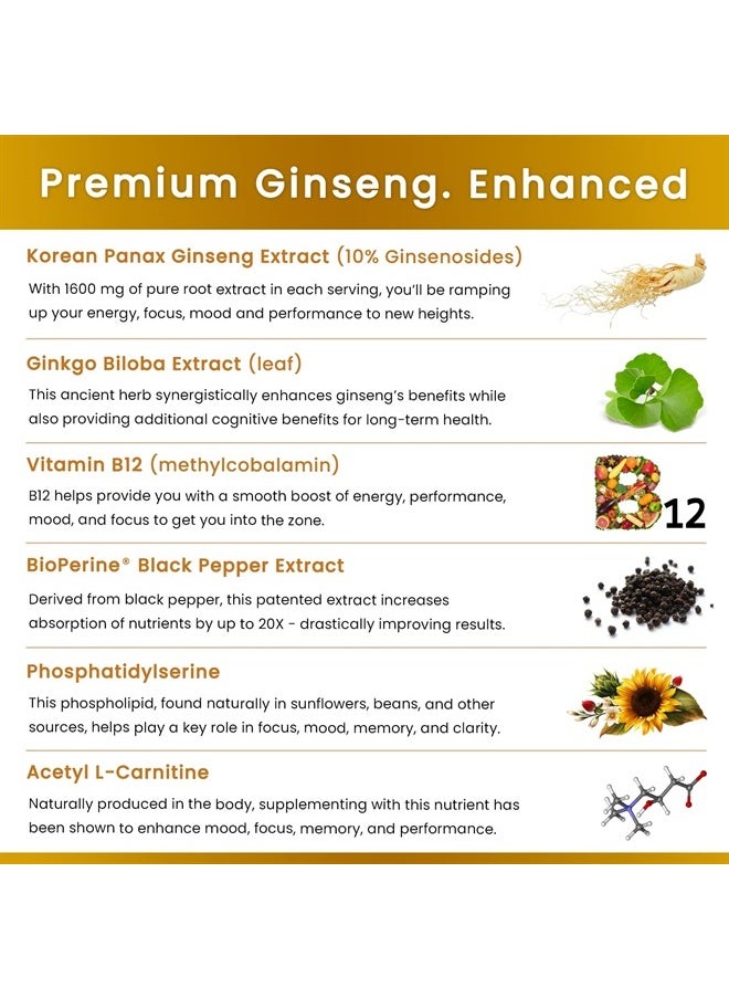 NutraChamps - Korean Red Ginseng Root 1650mg | Ginseng and Ginkgo Biloba 120mg | Korean Red Panax Ginseng Capsules Double Strength | Vitamin B12, Acetyl L-Carnitine, Phosphatidylserine, Black Pepper | Energy, Focus - Image 1