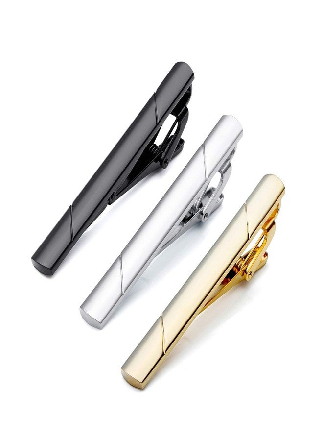 PiercingJ 3pcs Set Stainless Steel Exquisite GQ Classic Tie Bar Clip, Silver Golden Black Tone, 2.3Inches - Image 1