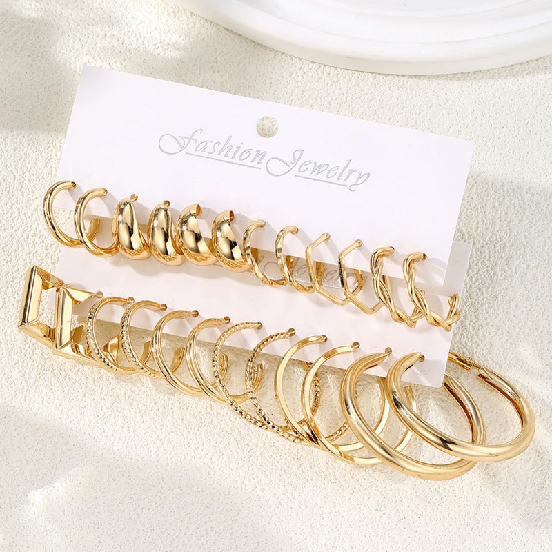 17IF 12 Pairs Gold Hoop Earring Set for Women Chunky Earring Big Small Smooth Surface Trendy Stud Lightweight Twisted Ear Pack - Image 2
