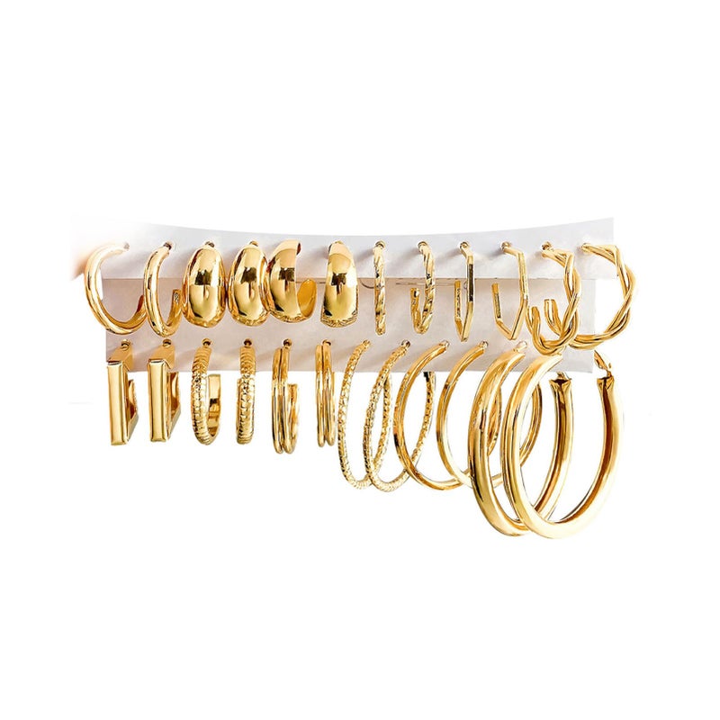 17IF 12 Pairs Gold Hoop Earring Set for Women Chunky Earring Big Small Smooth Surface Trendy Stud Lightweight Twisted Ear Pack - Image 1