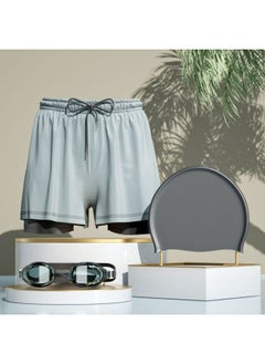 Mei Fanzhe Swimming Trunks Men's 2024 Anti-embarrassment Hot Spring Pants Swimming Cap Swimming Goggles Three-piece Set Of Swimming Equipment-Color:[gray Yk] Double Layer Swimming Trunks + Swimming Cap + Swimming Goggles-