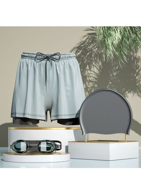 Mei Fanzhe Swimming Trunks Men's 2024 Anti-embarrassment Hot Spring Pants Swimming Cap Swimming Goggles Three-piece Set Of Swimming Equipment-Color:[gray Yk] Double Layer Swimming Trunks + Swimming Cap + Swimming Goggles-