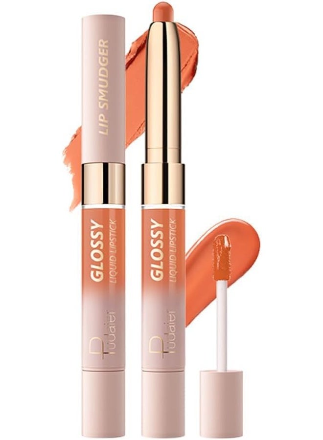 بوداير أحمر شفاه غير لامع ثنائي النهاية وملمع شفاه - 2 في 1 أحمر شفاه عالي الصبغة، يدوم طويلاً، مقاوم للتلطخ، مقاوم للتلطخ، مقاوم للتلطخ، مخملي ناعم، غير لاصق، مكياج شفاه نباتي وخالي من القسوة (برتقالي، 0.14 أونصة) - Image 1