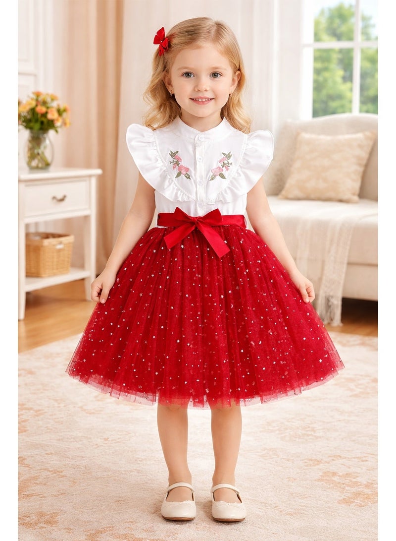 Smarties AE Girls Party Dress 3-5 Years | Floral Embroidered Ruffle Sleeve Dress with Star Tulle Skirt & Bow | Kids Birthday, Wedding & Occasion Dress (Red, Purple, Brown) - Image 1