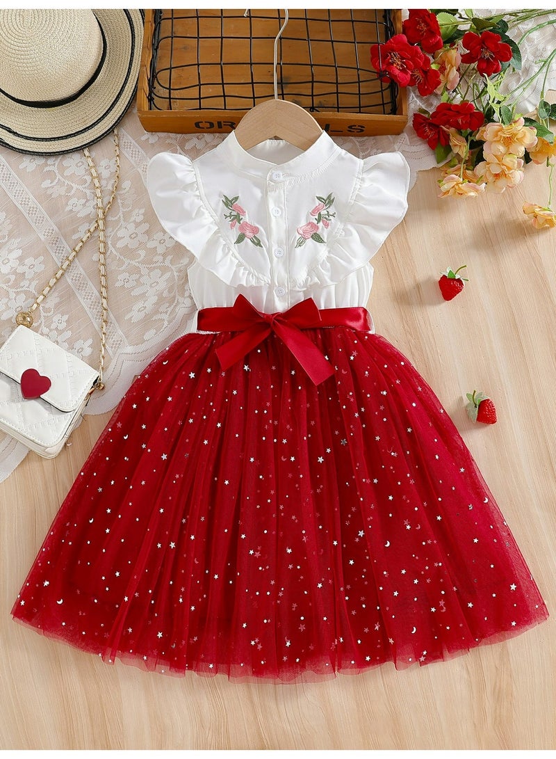 Smarties AE Girls Party Dress 3-5 Years | Floral Embroidered Ruffle Sleeve Dress with Star Tulle Skirt & Bow | Kids Birthday, Wedding & Occasion Dress (Red, Purple, Brown) - Image 2