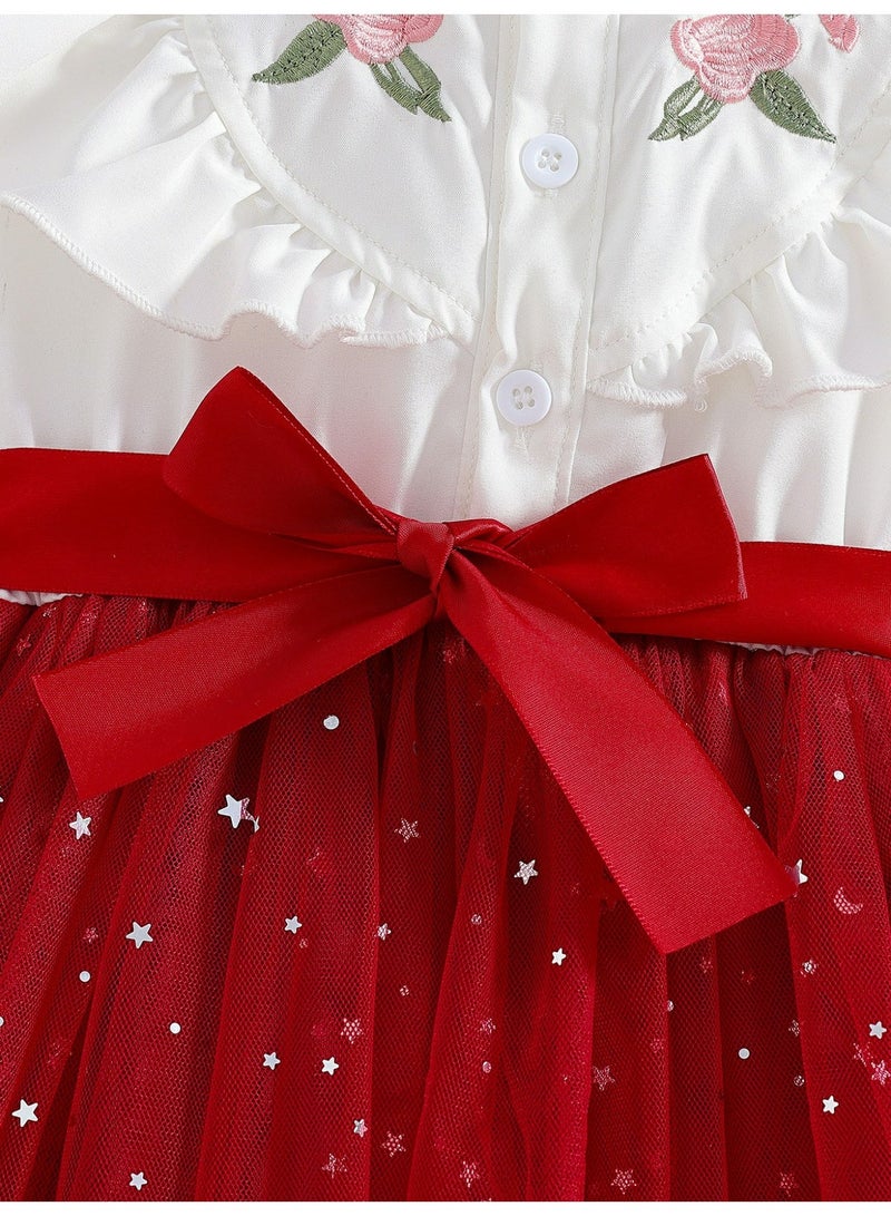 Smarties AE Girls Party Dress 3-5 Years | Floral Embroidered Ruffle Sleeve Dress with Star Tulle Skirt & Bow | Kids Birthday, Wedding & Occasion Dress (Red, Purple, Brown) - Image 3