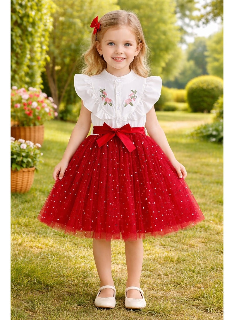 Smarties AE Girls Party Dress 3-5 Years | Floral Embroidered Ruffle Sleeve Dress with Star Tulle Skirt & Bow | Kids Birthday, Wedding & Occasion Dress (Red, Purple, Brown) - Image 5