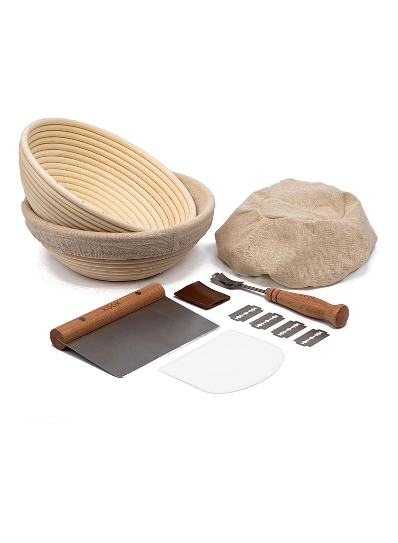 Kook Kook Proofing Set, Sourdough Bread, 2 Rattan 9 Inch Banneton Baskets, 2 Basket Covers, Metal Scraper, Plastic Scraper, Scoring Lame, 5 Blades and Case, Baking Kit, Dough Bowls, Round Shape  - Image 1