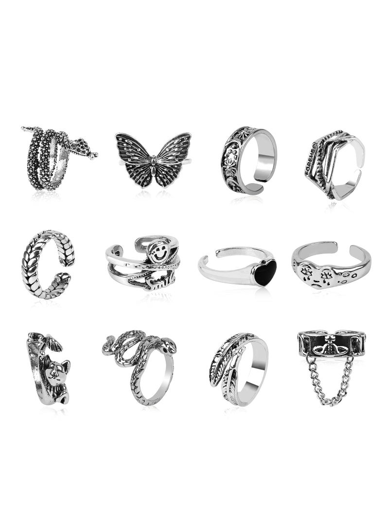 SOLARAE Silver Plated Rings Set Cute Animal Open Pack Vintage Goth Hippie Matching and Stylish Snake Hug Lucky Face for Couples Gift Women Men Girls 12Pcs - Image 1