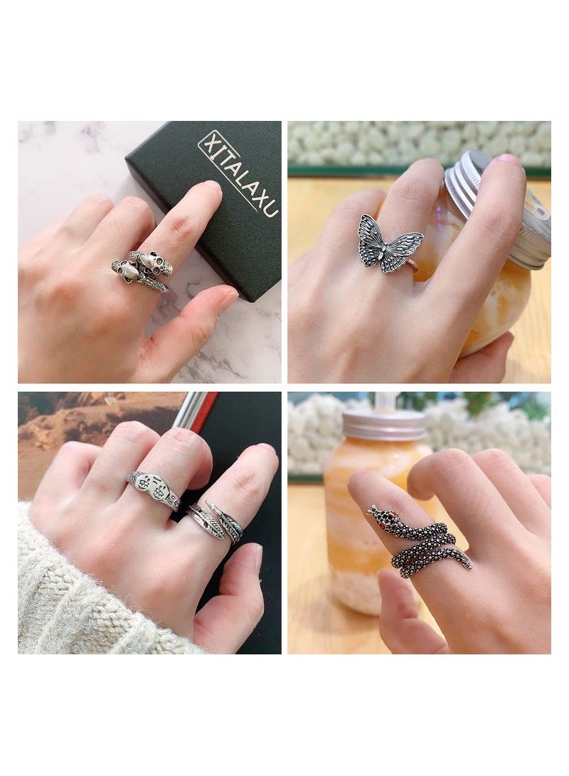 SOLARAE Silver Plated Rings Set Cute Animal Open Pack Vintage Goth Hippie Matching and Stylish Snake Hug Lucky Face for Couples Gift Women Men Girls 12Pcs - Image 4