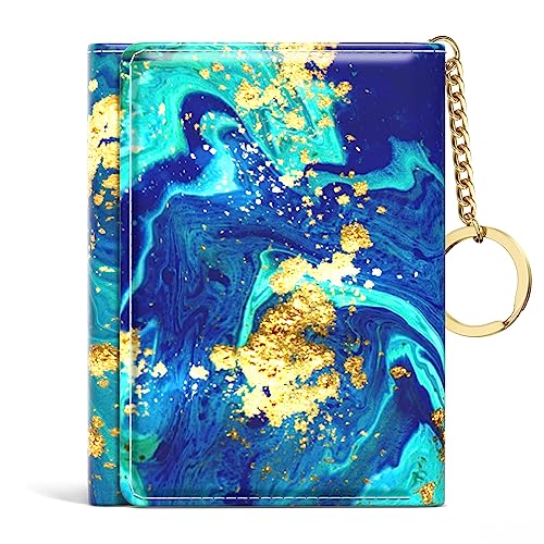 Rouidr Womens Wallet, Small Slim RFID Card Wallets for Women, Trifold Leather Clutch Card Organizer, Cute Front Pocket Purse with 7 Slots & ID Window & Keychain, Ocean Teal Marble - Image 1