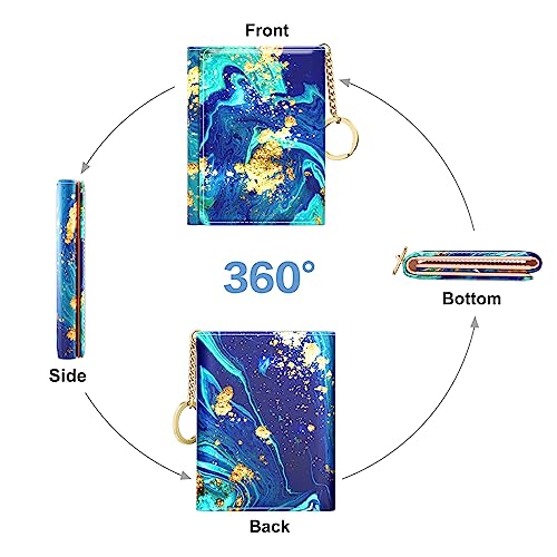 Rouidr Womens Wallet, Small Slim RFID Card Wallets for Women, Trifold Leather Clutch Card Organizer, Cute Front Pocket Purse with 7 Slots & ID Window & Keychain, Ocean Teal Marble - Image 5