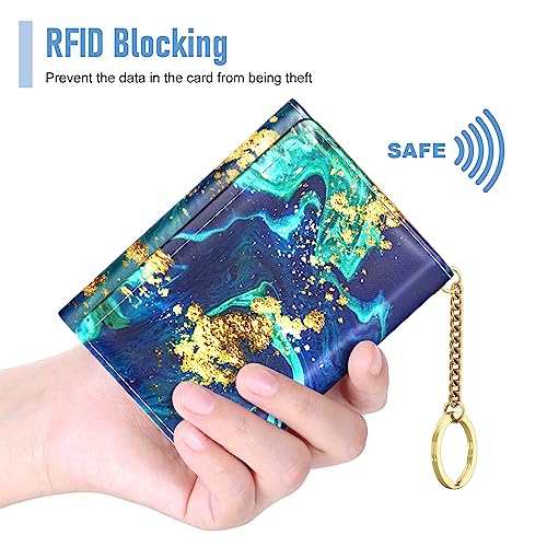 Rouidr Womens Wallet, Small Slim RFID Card Wallets for Women, Trifold Leather Clutch Card Organizer, Cute Front Pocket Purse with 7 Slots & ID Window & Keychain, Ocean Teal Marble - Image 4