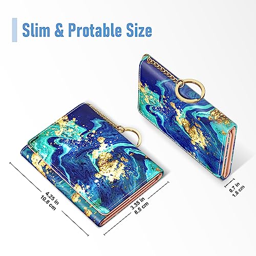 Rouidr Womens Wallet, Small Slim RFID Card Wallets for Women, Trifold Leather Clutch Card Organizer, Cute Front Pocket Purse with 7 Slots & ID Window & Keychain, Ocean Teal Marble - Image 2