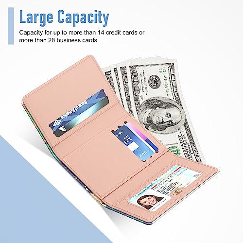 Rouidr Womens Wallet, Small Slim RFID Card Wallets for Women, Trifold Leather Clutch Card Organizer, Cute Front Pocket Purse with 7 Slots & ID Window & Keychain, Ocean Teal Marble - Image 3