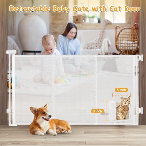 Sair pet Reinforced 60 Wide Retractable Pet Gate with Cat Door Mesh Baby Gate for Stairs with Reinforced Strips Retractable Dog Gates with Cat Door Mesh Dog Gates for Doorways Separating Dogs from Cats White - Image 3