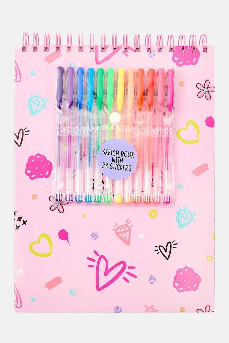 VOTUM All Over Print Spiral Sketchbook With 28 Stickers And 12 Pens 30 H x 23 L x 2 W cm, Pink Combo - Image 1