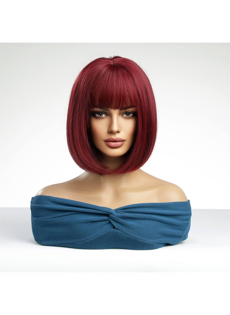 MAGQOO MAGQOO Burgundy Dark Wine Red Wig with Bangs 12 Inches Burgundy Bob Wig Short Straight Dark Red Hair Wigs Burgundy Wig for Women Synthetic Heat Resistant 