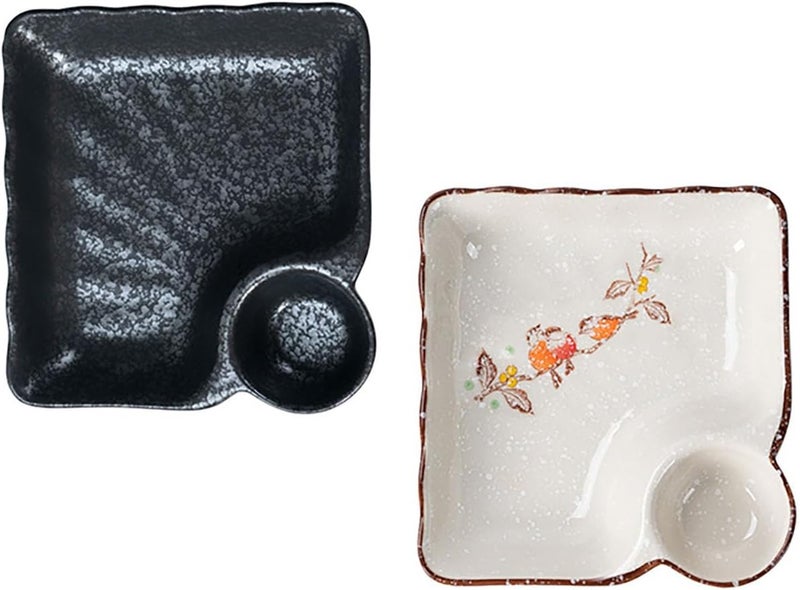 FYUEROPA Ceramic Dumpling Plate with Dipping Saucer Sushi Dish Serving Plate Chips and Snack Plate 75 Inch  Set of 2 Black - Image 1