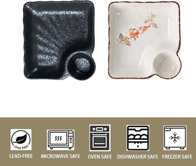 FYUEROPA Ceramic Dumpling Plate with Dipping Saucer Sushi Dish Serving Plate Chips and Snack Plate 75 Inch  Set of 2 Black - Image 5